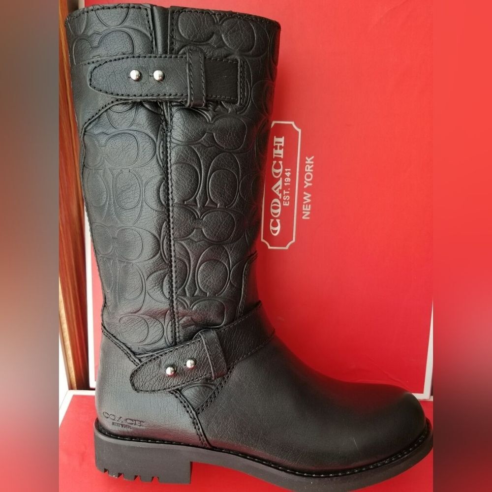 COACH DESIGNER Virginia Black Leather Signature Embossed Riding Boots Sz 10